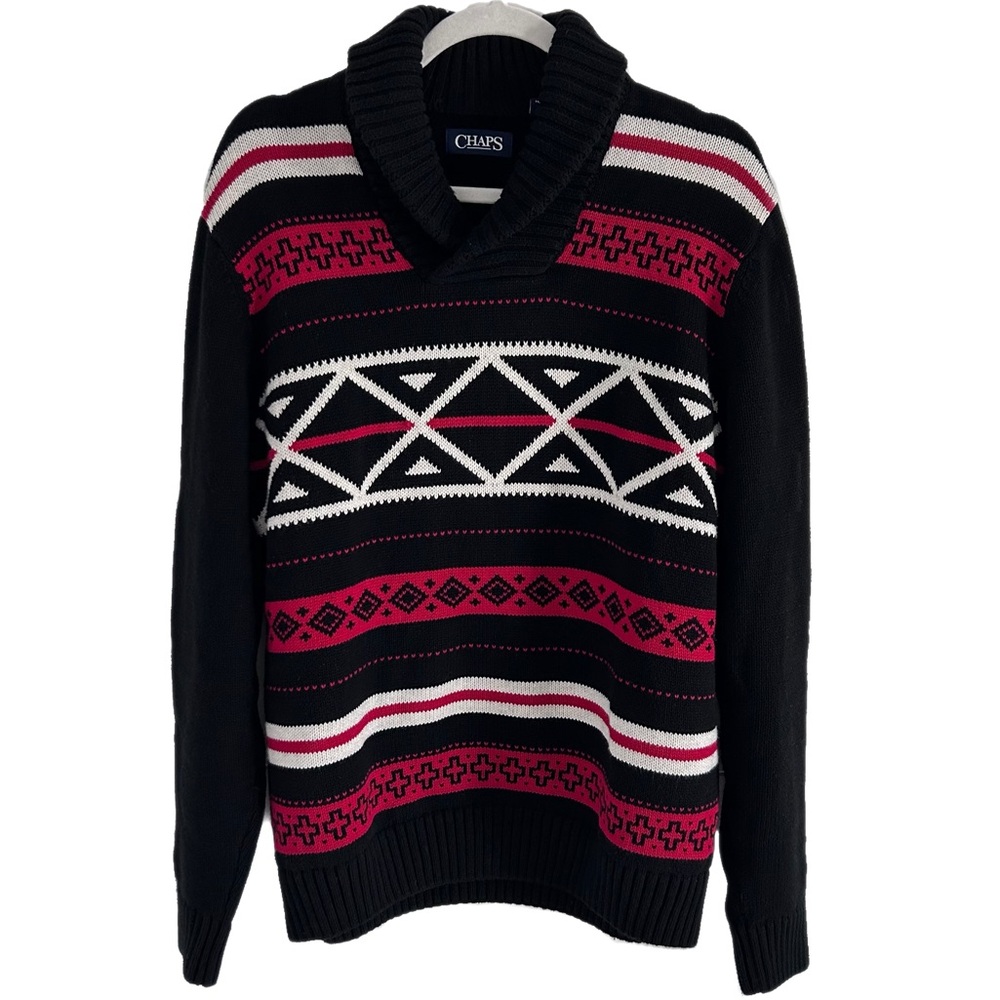 Chaps Ralph Lauren Nordic Inspired Shaw Collar Pullover Sweater Red Black Preppy - Picture 2 of 5